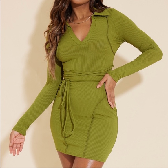 Dresses & Skirts - Ribbed Long-Sleeve Wrap Mini Dress in Olive Green